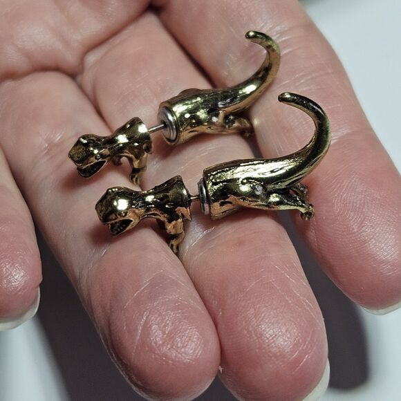 Gold Tone Dinosaur Head And Tail Jacket Fashion Earrings - Picture 3 of 11